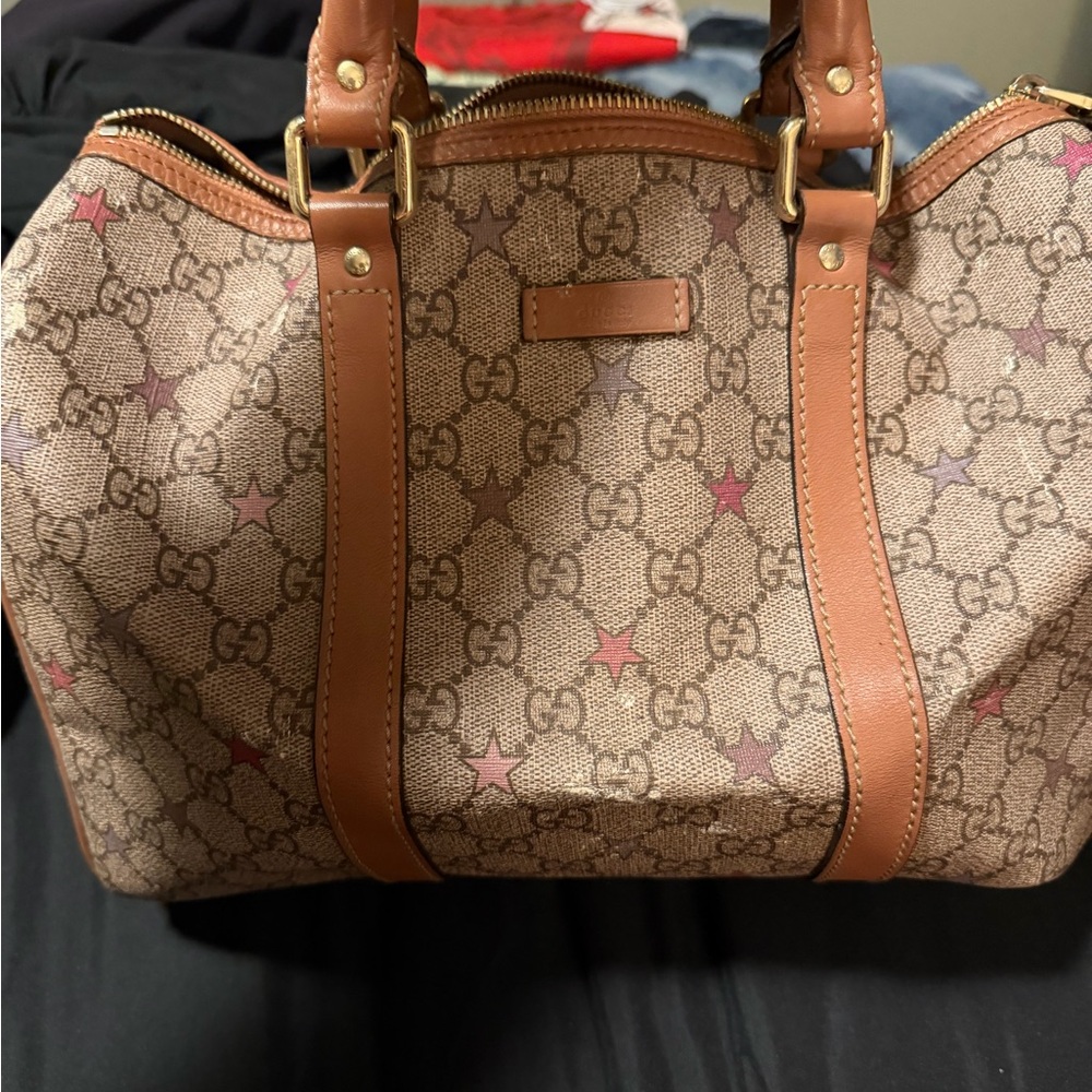 Gucci Brown Monogram Satchel with Pink Star Accents